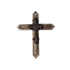 VTG Cross Wood Metal 18" Religious Rustic Jesus Hang Ornate Metal